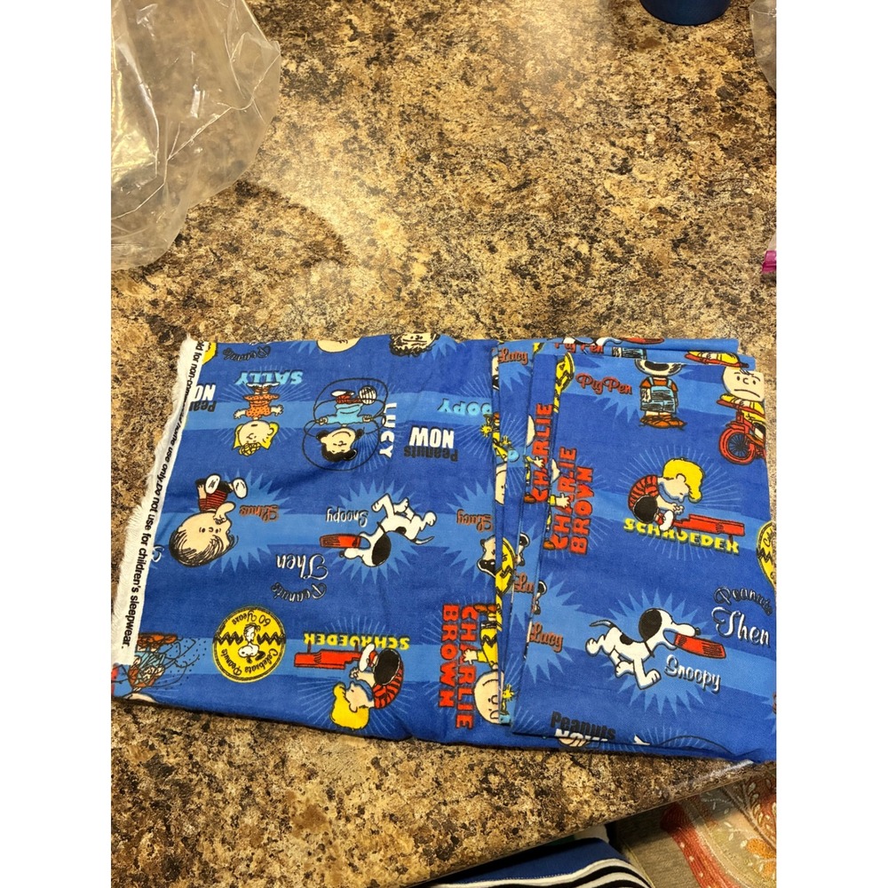 Peanuts 60 Years Anniv Fabric Blue Snoopy Charlie Brown Then Now Cotton 42"x74"